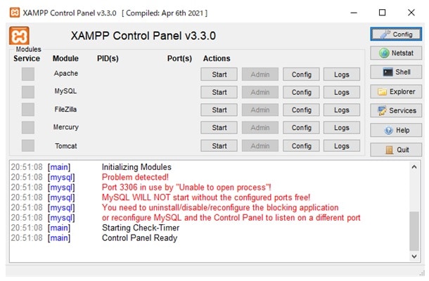 XAMPPの管理画面が表示されればインストールは完了です。